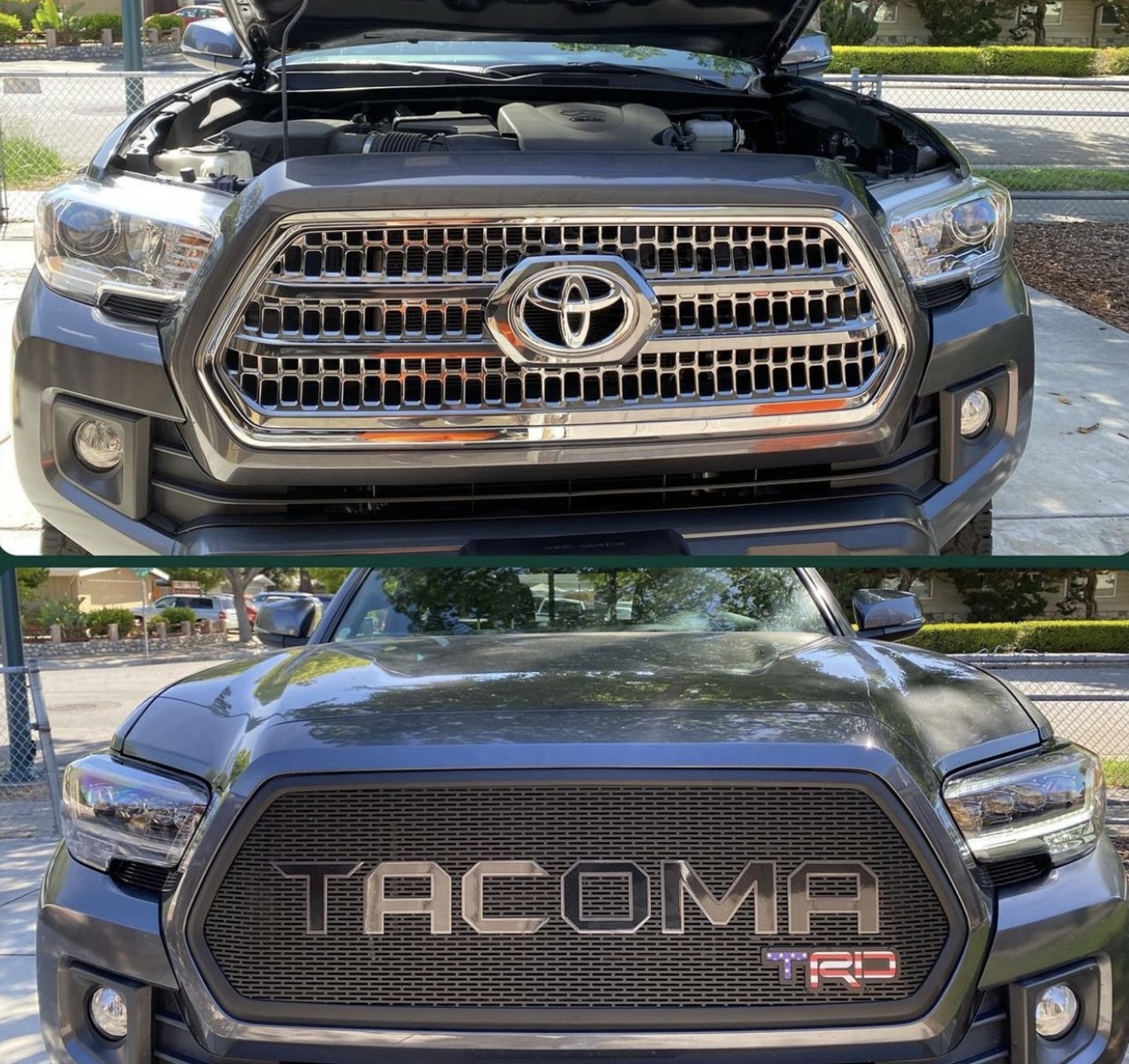 3rd Gen Tacoma Grille, Stunning Before & After Chrome Delete with Big Letters and USA Flag TRD